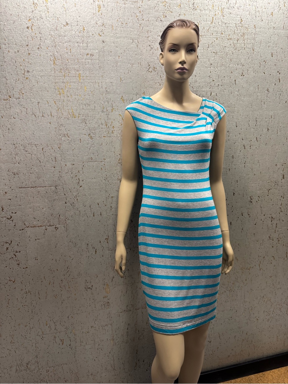 Calvin Klein Turquoise and Gray Striped Cap-Sleeve Midi Dress